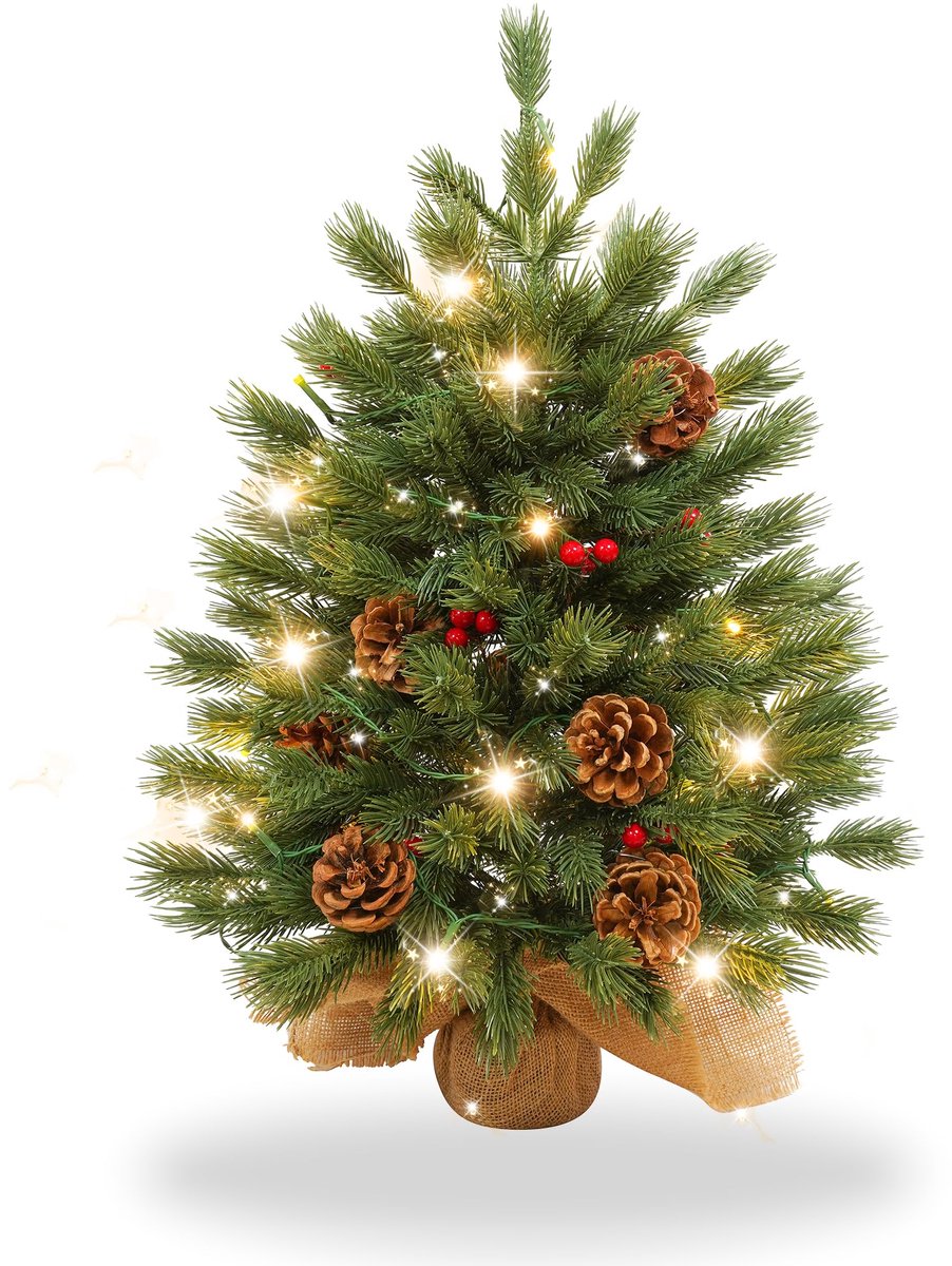 Aufun 60 cm Kunstkerstboom Tafelkerstboom Kleine kerstboom Dennenboom Kerstdecoratie Boom met LED-lichtketting met batterijdoos en voet (dennenbladeren, rode bessen)