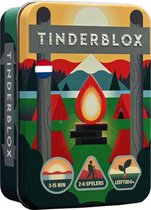 Blikje met kampvuur en tenten illustratie, met de tekst 'TINDERBLOX', 3-15 MIN, 2-6 SPELERS, LEEFTUD 6+.