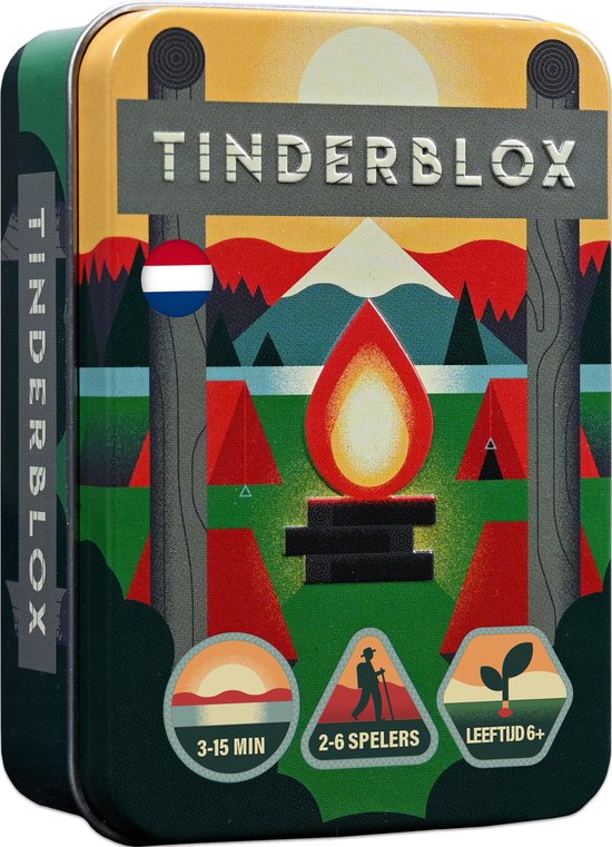 Blikje met kampvuur en tenten illustratie, met de tekst 'TINDERBLOX', 3-15 MIN, 2-6 SPELERS, LEEFTUD 6+.