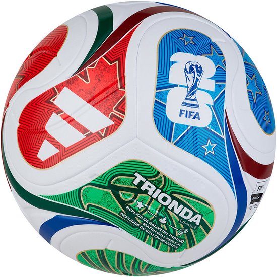 Wit voetbal met rode, blauwe en groene patronen. Met het FIFA-logo en 'Trionda League'.