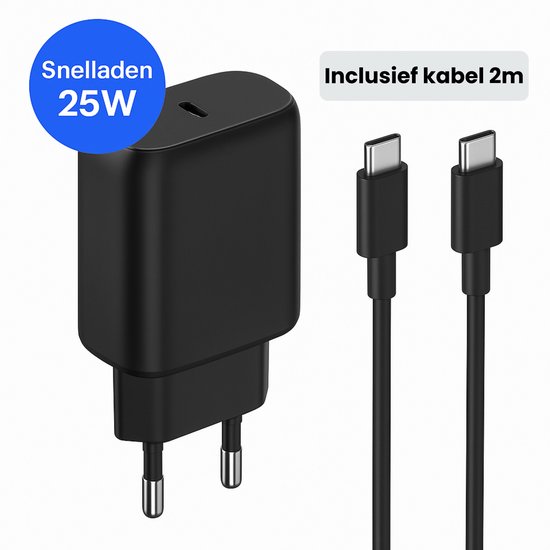 Xtronic 25W USB-C Snellader Zwart – Inclusief 2m USB-C naar USB-C Kabel – Geschikt voor Samsung Galaxy S21/S22/S23, iPhone 15/16/17, iPad en USB-C toestellen