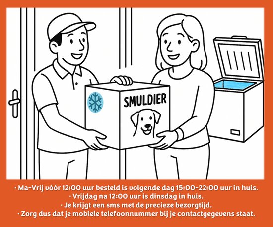 Koerier met gekoelde doos met de tekst "SMULDIER" en een hondenkop. Tekst: "Ma-Vrij vóór 12:00 besteld is volgende dag 15:00-22:00 uur in huis."