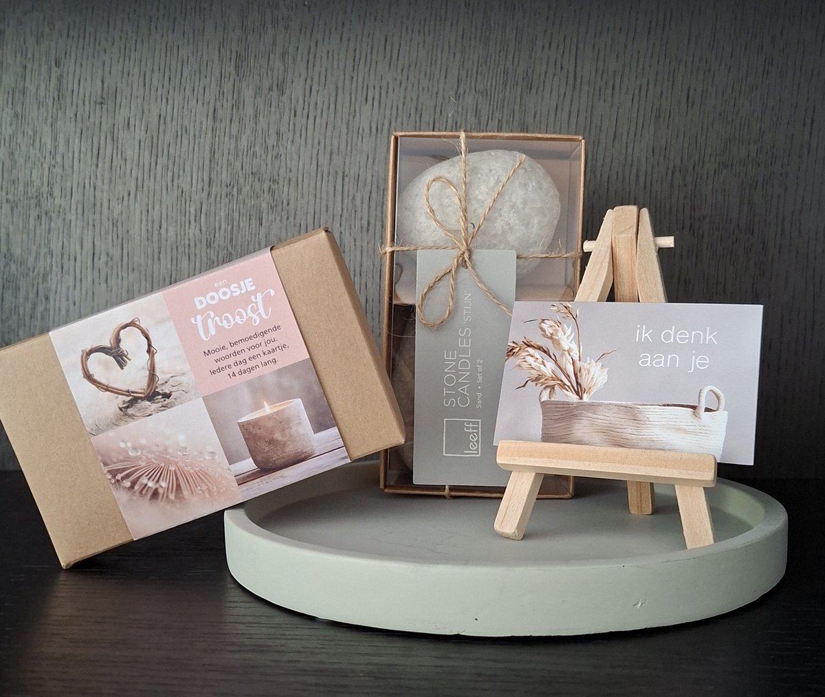 Mix en Match - Geschenkset - Troost - Spreukenkaartjes - Steenkaarsen - Decoratieplateau