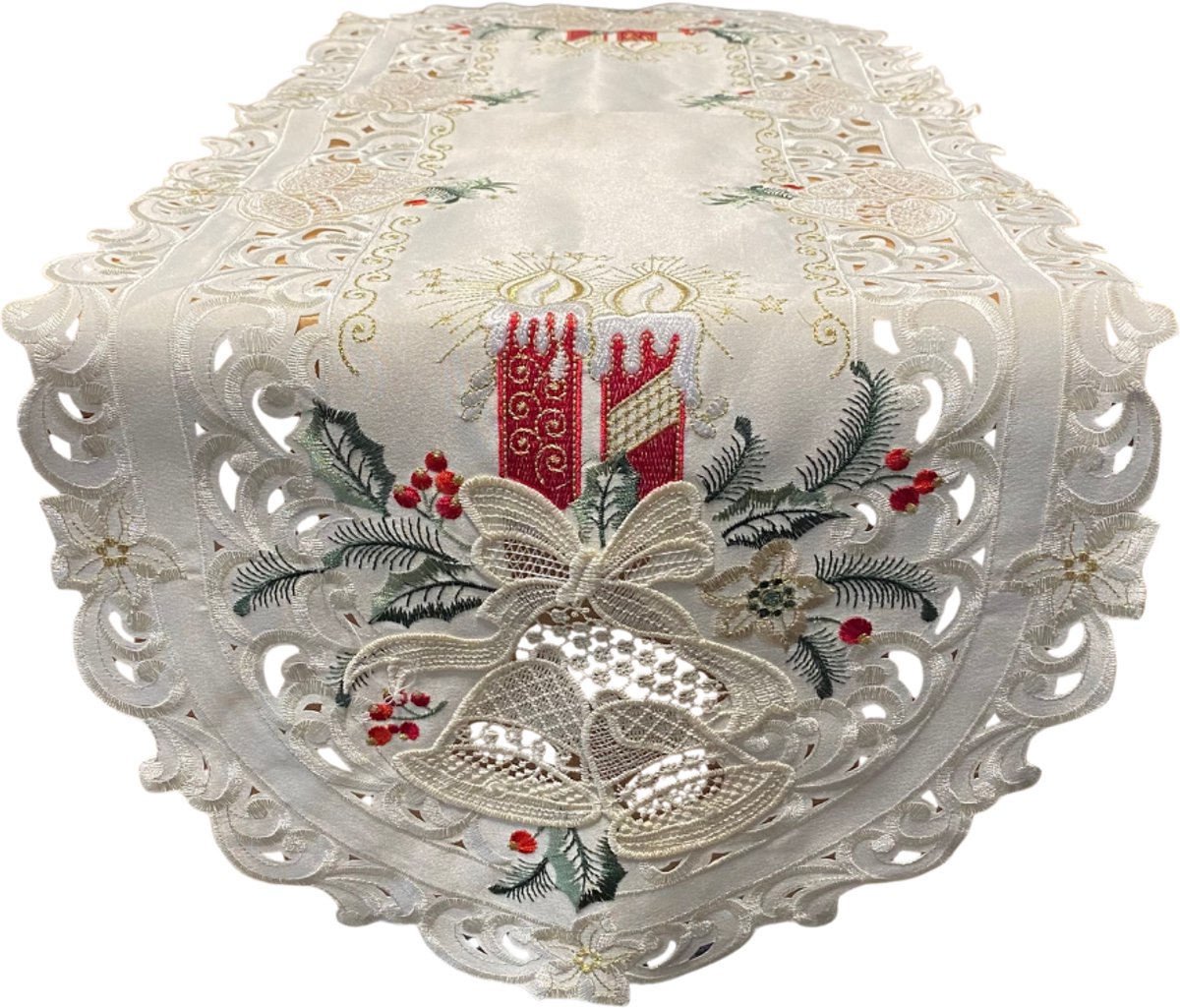 Kerstkleed - Creme met rode kaarsen en bel- Loper 110x40 cm
