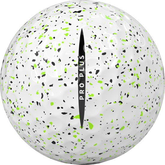 Golfbal 'Drip Lime' met spetters in groen en zwart. Verticale tekst 'PRO PLUS' op de bal.