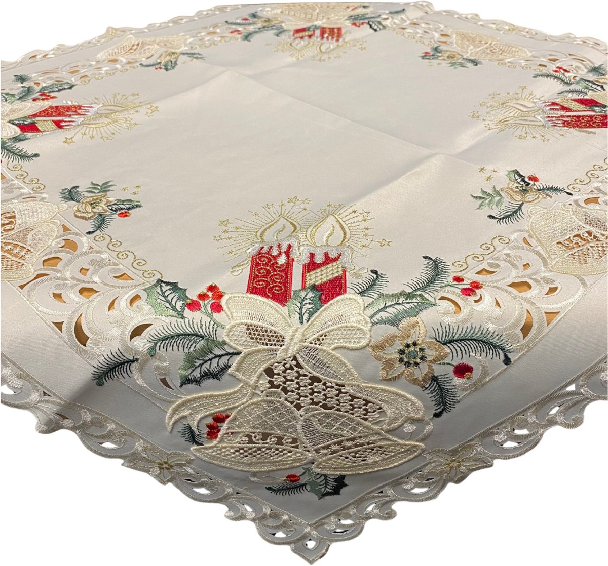 Kerstkleed- Creme met rode kaarsen en bel- Vierkant 110x110 - 8675R – foto 2