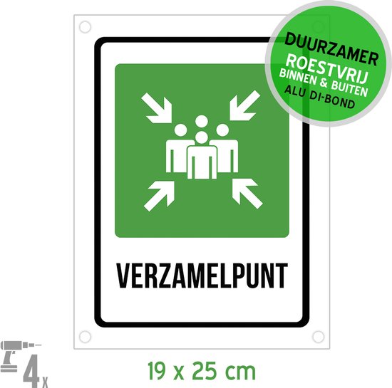 Pictogramme/panneau Dibond + perçages | "Point de collecte" | 19x25cm | Néerlandais | Lieu de rassemblement | Feu | Urgence | Calamité | Durable | Inoxydable | 1 pièce