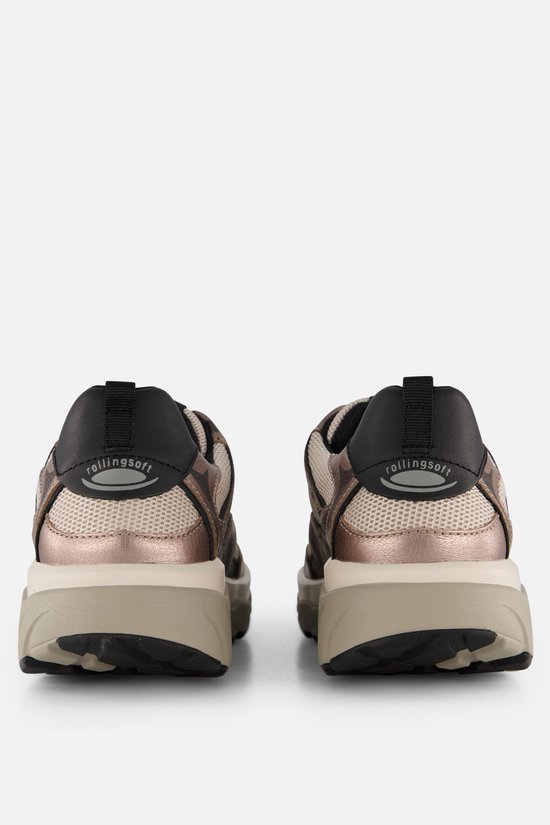 Achterkant van twee grijze Gabor Rollingsoft sneakers met zwarte hielkap en beige mesh.