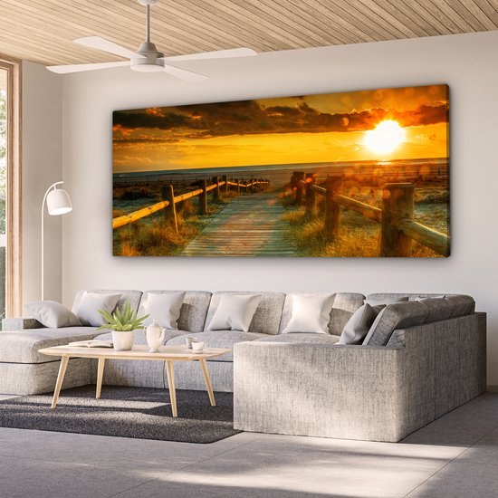 Canvas schilderij 200x100 cm - Wanddecoratie Zon - Strand - Duin - Horizon - Gras - Pad - Oranje - Muurdecoratie woonkamer - Slaapkamer decoratie - Kamer accessoires - Schilderijen op canvas