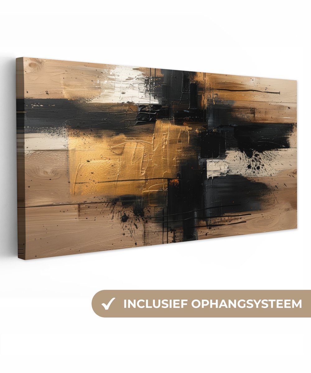 Canvas schilderij 200x100 cm - Wanddecoratie Modern - Zwart - Goud - Verf - Muurdecoratie woonkamer - Kamer decoratie modern - Abstracte schilderijen