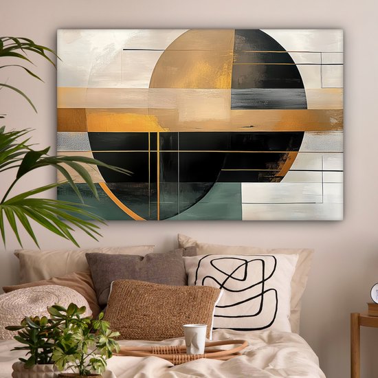 Canvas schilderij 120x80 cm - Wanddecoratie Abstract - Goud - Brons - Groen - Vormen - Modern - Muurdecoratie woonkamer - Slaapkamer decoratie - Kamer accessoires - Schilderijen op canvas