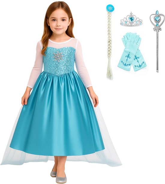 Joya Kids® Prinsessenjurk Meisje | Elsa Verkleed Jurk | Verkleedkleding | Prinsessen Speelgoed | Prinsessen Accessoire Set met Kroon Handschoenen Vlecht & Toverstaf | Carnavalskleding | Cadeau meisje Sinterklaas | Maat 116/122 (130)