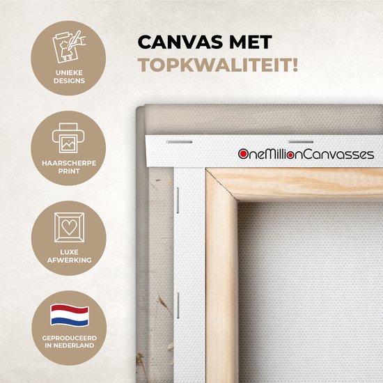 Details van een canvas schilderij, met tekst over 'Topkwaliteit', 'Unieke Designs', 'Haarscherpe Print', 'Luxe Afwerking', 'Geproduceerd in Nederland'.
