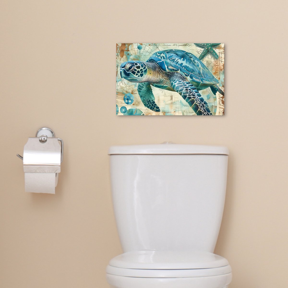 Canvas schilderij 30x20 cm - Wanddecoratie badkamer Vintage - Schildpad - Zeedieren - Wate