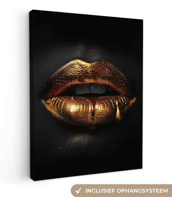 Canvas schilderij 60x80 cm - Wanddecoratie Lippen - Goud - Abstract - Zwart - Aesthetic - Muurdecoratie woonkamer - Kamer decoratie modern - Abstracte schilderijen