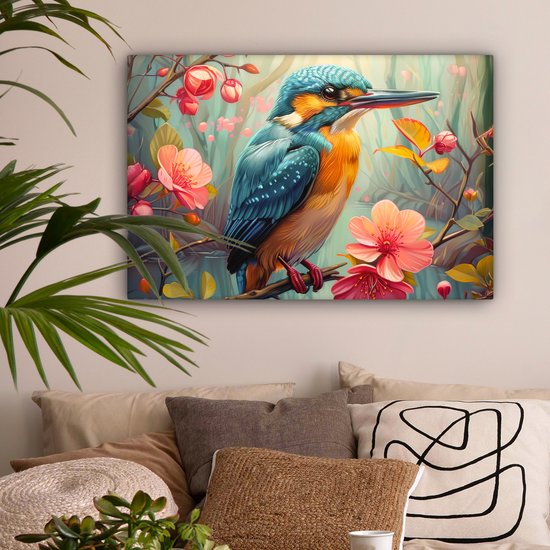 Peinture sur toile 60x40 cm - Décoration murale Martin-pêcheur - Fleur - Nature - Vogels - Fleurs - Décoration murale murale salon - Décoration chambre - Accessoires de chambre - Peintures