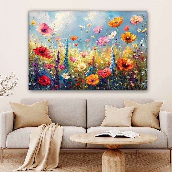 Peinture d'un champ de fleurs coloré avec des fleurs rouges, oranges et roses sous un ciel bleu avec des nuages.
