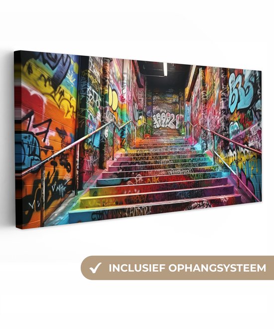 Canvas schilderij 80x40 cm - Wanddecoratie Trap - Graffiti - Kleuren - Kunst - Muurdecoratie woonkamer - Slaapkamer decoratie - Kamer accessoires - Schilderijen op canvas