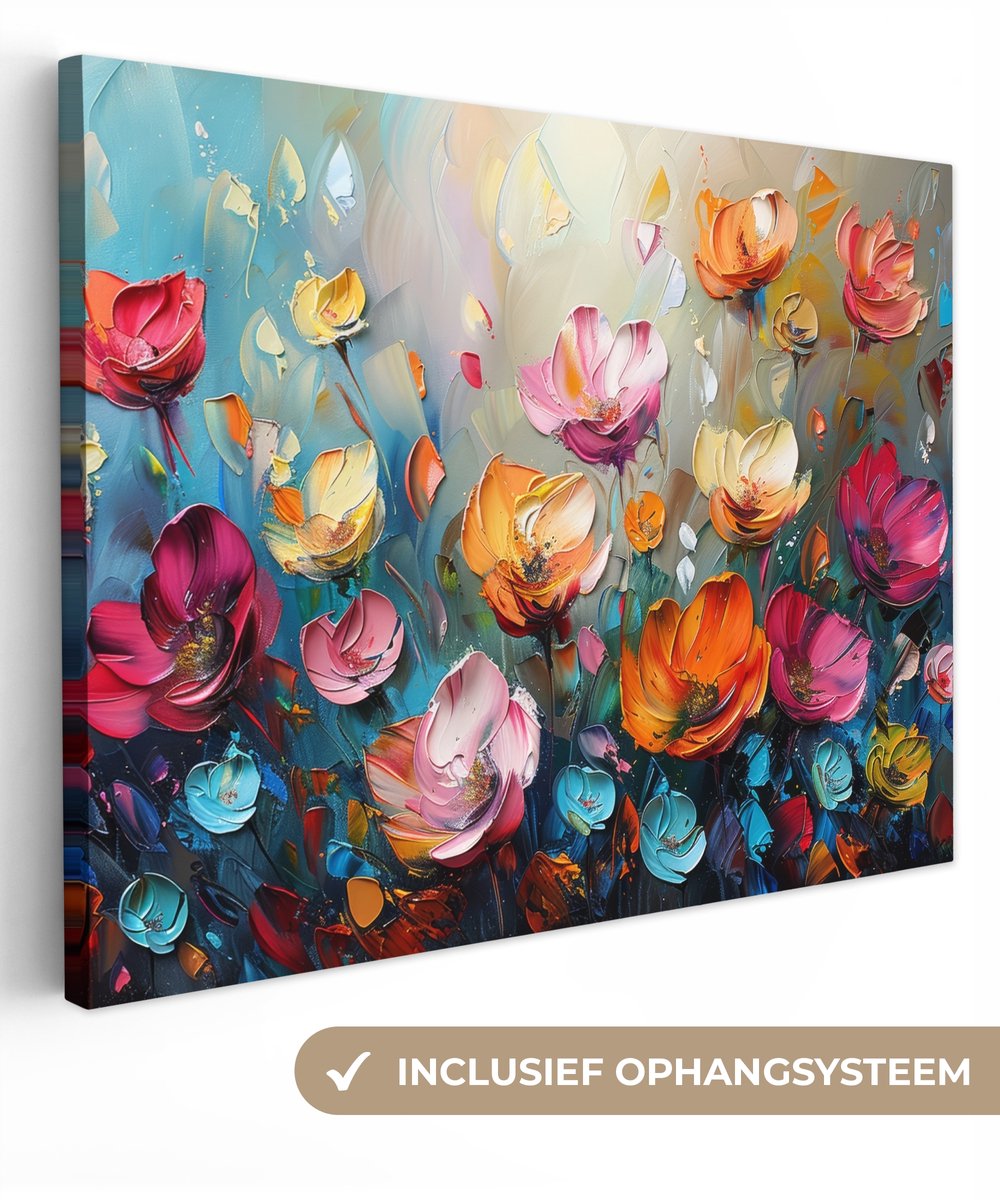 Canvas schilderij 160x120 cm - Wanddecoratie Bloemen - Kleurrijk - Abstract - Verf - Natuu