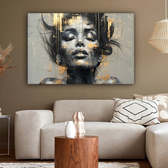 Peinture sur toile 120x80 cm - Décoration murale Femme - Art - Or - Abstrait - Glamour - Décoration murale salon - Décoration chambre moderne - Tableaux abstraits