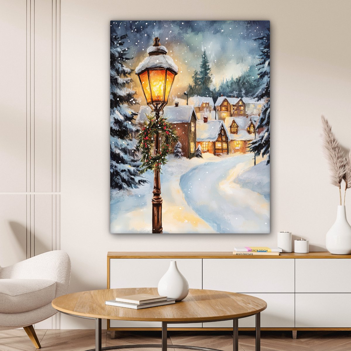 Canvas schilderij 90x120 cm - Wanddecoratie Kerstdorp - Huizen - Sneeuw - Kerst - Muurdecoratie woonkamer - Slaapkamer decoratie - Kamer accessoires - Schilderijen op canvas - Kerstdecoratie voor binnen - Kerstversiering - Kerstmis versiering – foto 2