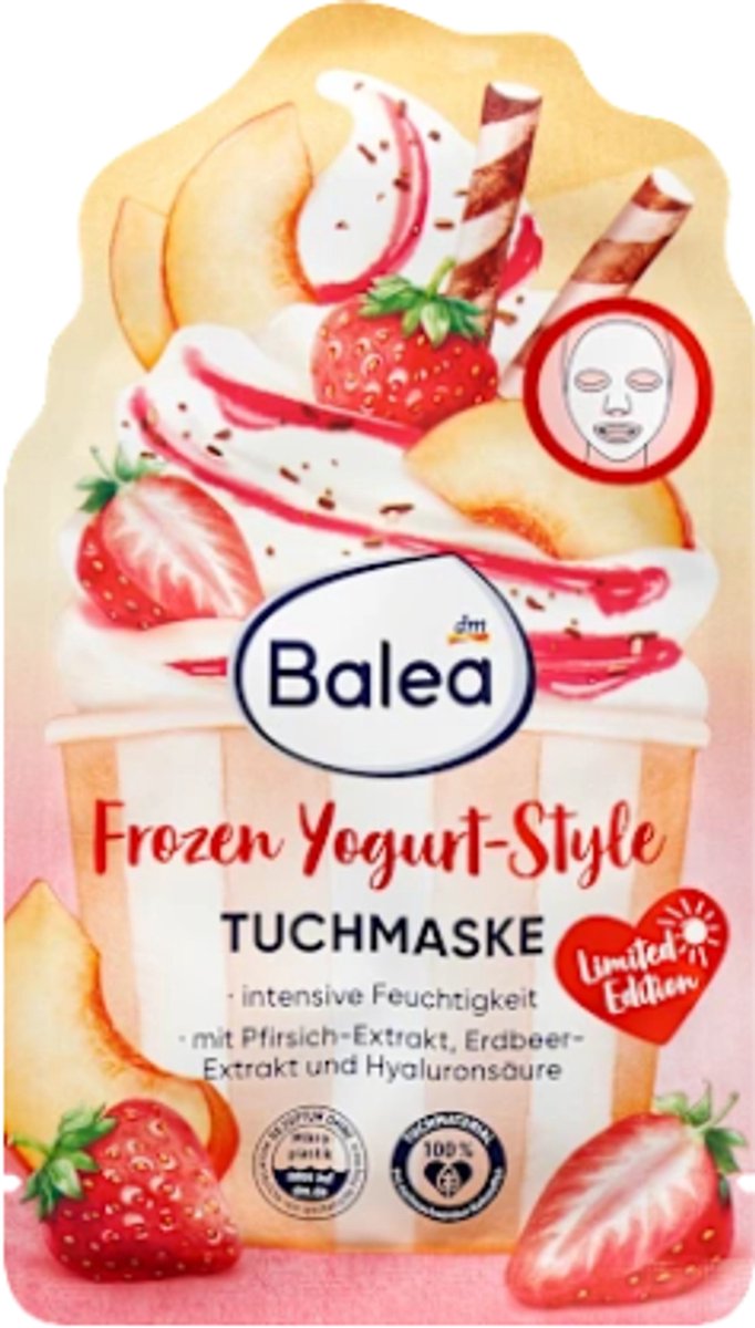 Balea Gezichtsmasker Frozen Yogurt-style | 1 stuk - Perzik, Aardbei & Hyaluron | Zijdezacht doekje voor optimaal comfort - Limited Edition