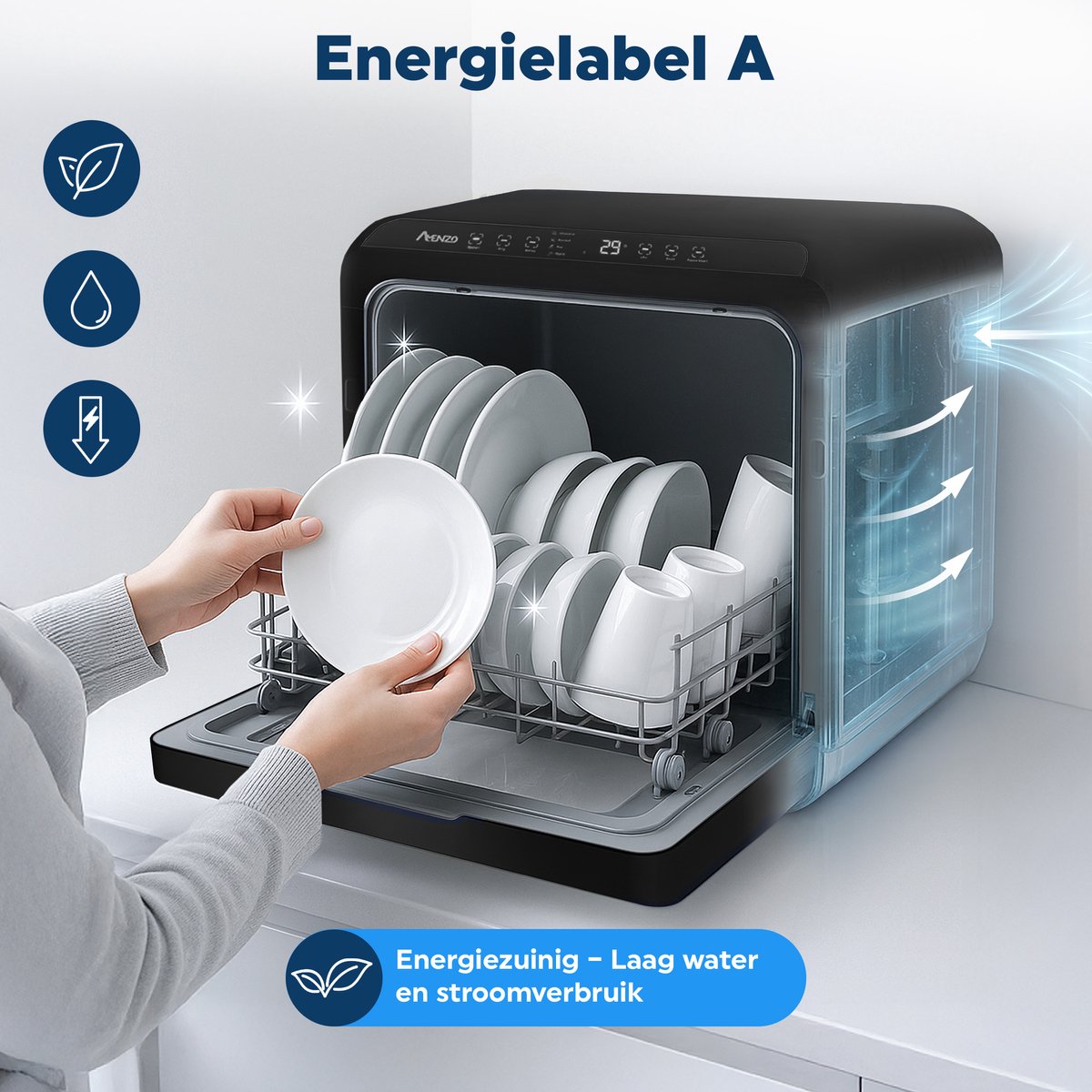 Amenzo® - Mini Vaatwasser - Inclusief App - Energielabel A - 900 Watt - 5 Programma's - Zwart - Afwasmachine - Met Waterreservoir — afbeelding 6