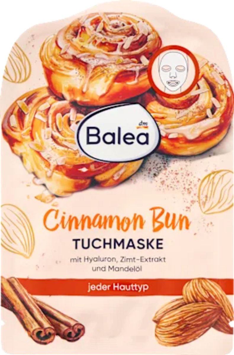 Balea Gezichtsmasker Cinnamon Bun | 1 stuk - Kaneel, Hyaluron & Amandelolie | Zijdezacht doekje voor optimaal comfort - Limited Edition
