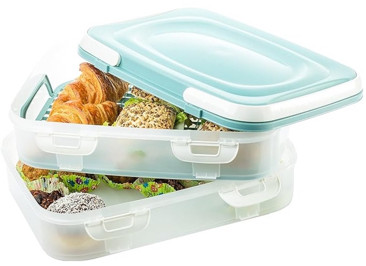 Voedsel transportbox, cupcake, muffin, party container, taarthouder 2 x 7 liter met 2 etages en inklapbare handgrepen kleur groen