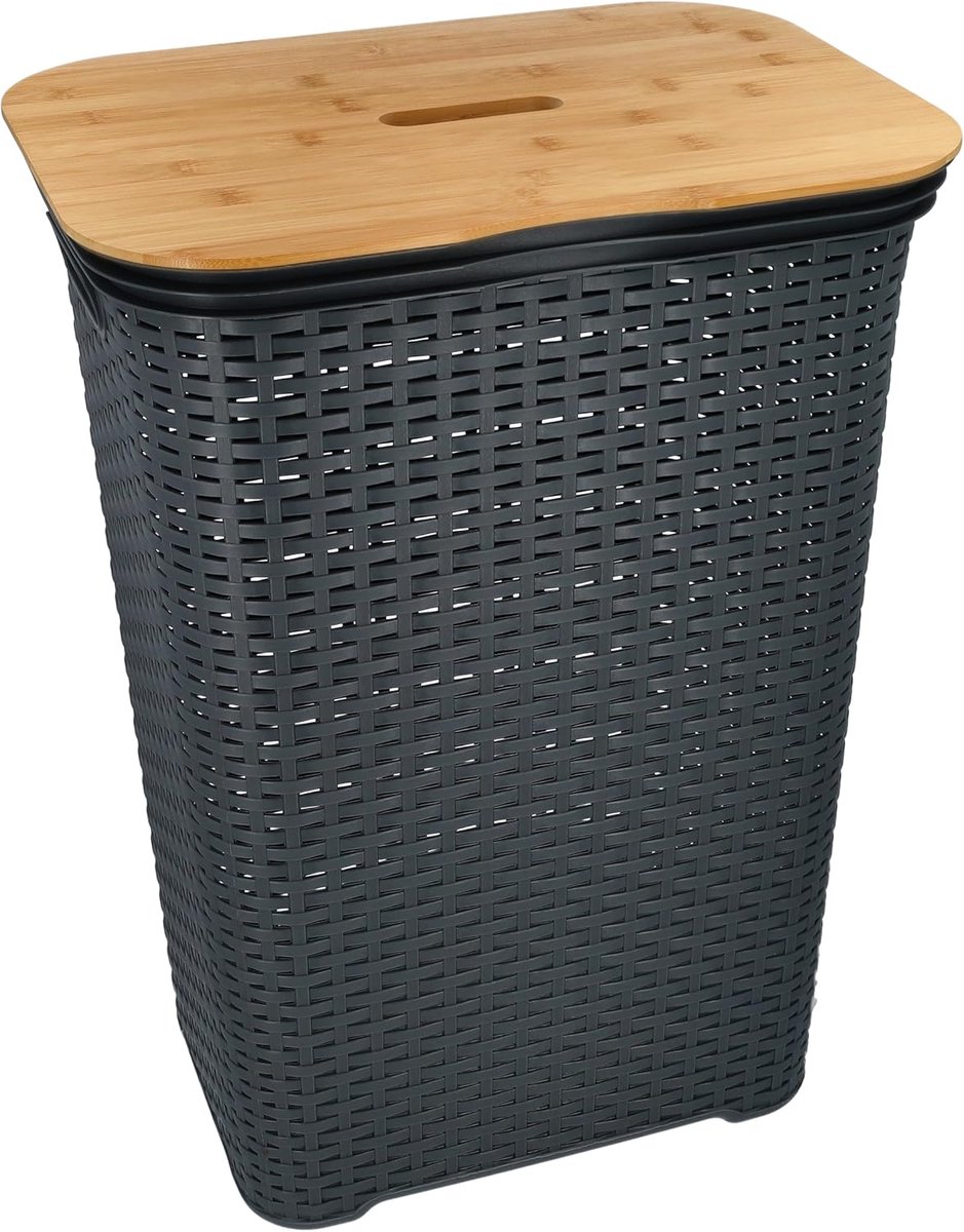 Wasmand met Bamboedeksel en Rotan, 65 Liter, Kunststof Wasopslag