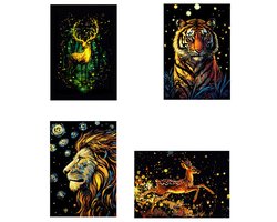 Ainy - Glow in the Dark Scratch Art Wilde Dieren (A5) | 4 krastekening incl gereedschappen | Kras tekeningen | Schilderen op kleuren kunst kraskaart…