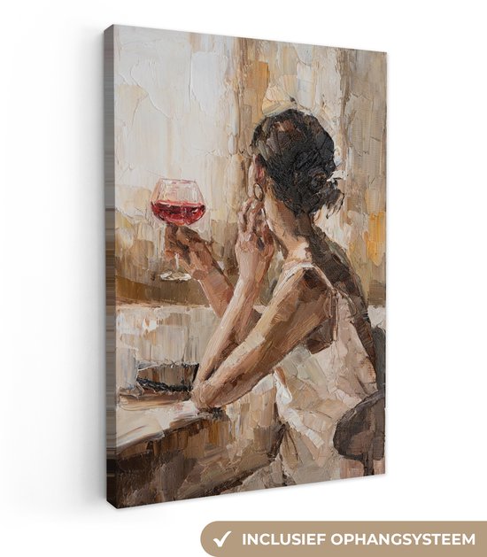 Canvas schilderij 60x90 cm - Wanddecoratie Schilderij - Vrouw - Wijn - Olieverf - Muurdecoratie woonkamer - Slaapkamer decoratie - Kamer accessoires - Schilderijen op canvas