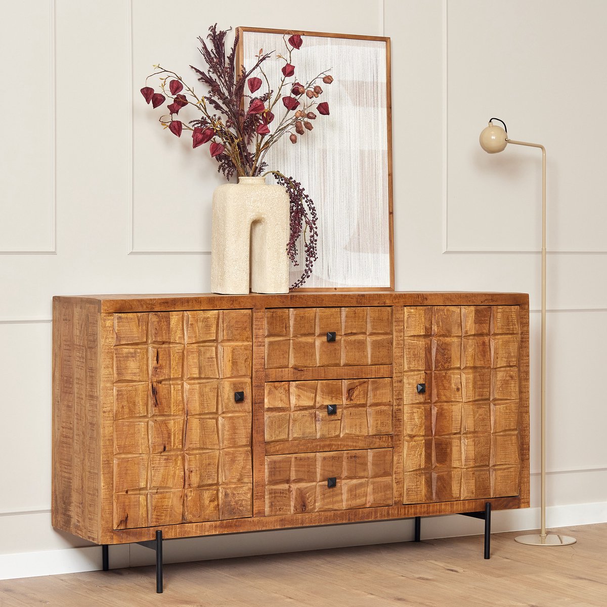 Meubels4nu - Dressoir - 160cm - Mangohout - Brandy - Blokvormig - Opbergkast - Uniek patroon - Blokken patroon - Snelle levering