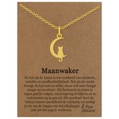 Stainless Steel Maan Katje Ketting op Cadeau Kaartje Goudkleurig - "Maanwaker" - 45cm + 5cm Verstelbaar Roestvrij Staal - Schattige Cadeau Hanger - Pax Amare