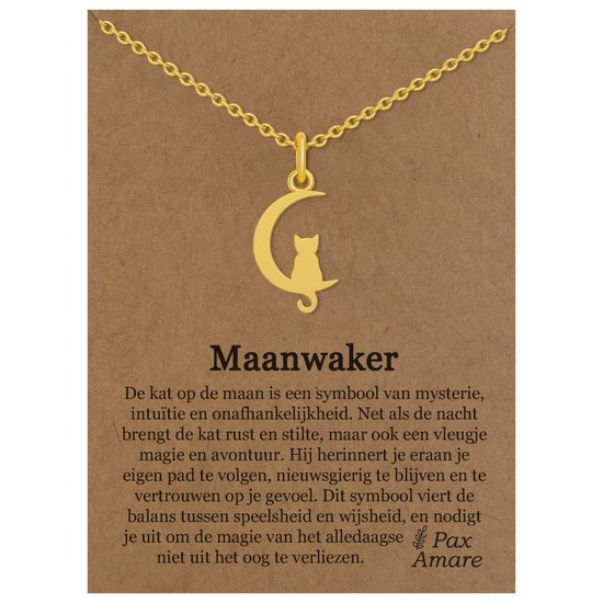Chaîne dorée avec un pendentif de chat assis sur une lune. La chaîne est sur une carte avec le texte "Maanwaker".
