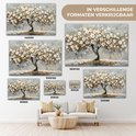 Verschillende formaten van een schilderij van een boom met witte en gouden bloesems.