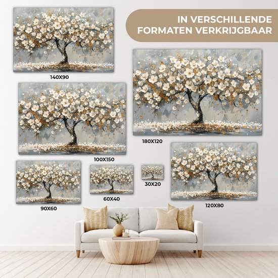 Verschillende formaten van een schilderij van een boom met witte en gouden bloesems.