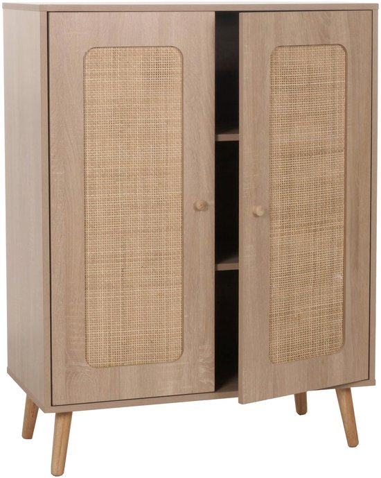 Buffet haut MCW-M38, commode, buffet, compartiments de rangement, bois de rotin Kubu 106x80x41cm aspect chêne