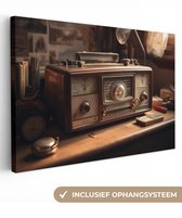 Tableau sur toile Vintage - Radio - Ancien - Bureau - Lampe - 90x60 cm - Décoration murale