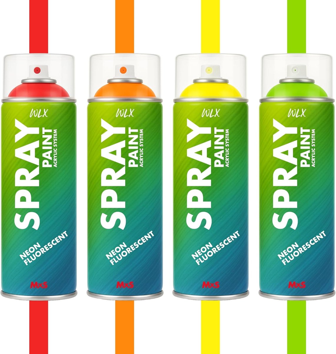 WLX Neon spuitverfset – 4 kleuren, elk 400 ml – snel drogende fluorescerende spuitbussen voor hout, metaal, steen & glas – hoge zichtbaarheid,neon groen, neon rood, neon geel, neon oranje