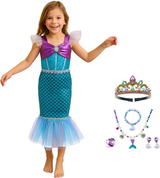 Joya Kids® Zeemeermin Verkleedjurk Donker Paars | Mermaid Verkleedkleding | Maat Maat 116/122 (120) | Jurk + Mermaid Accessoires set | Cadeau meisje
