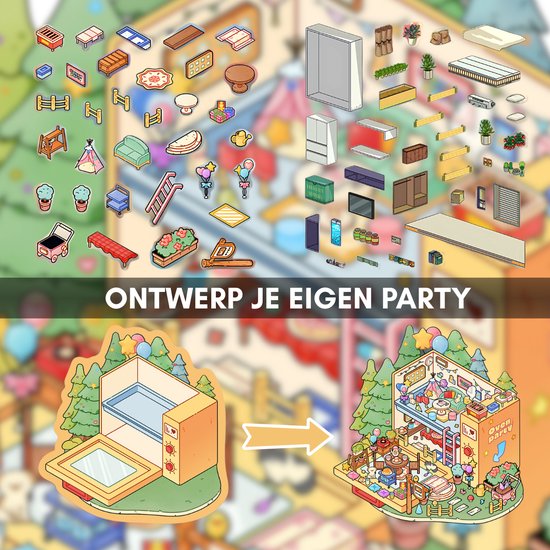 Ainy - Scene 3D Sticker Ovenparty | 1 Achtergrond 12*13cm met PET Stickers set | Kat & Vrienden miniatuur stickerboek | Creatief & Rustgevend vakantieboek | Stickervellen voor volwassenen en kinderen