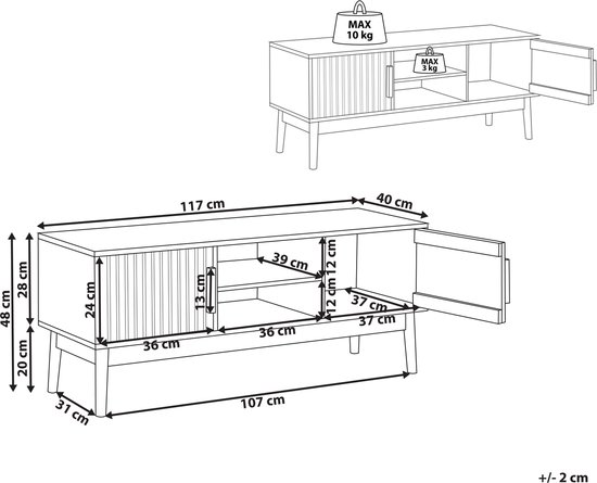 Technische tekening van een licht houten tv-meubel met afmetingen en open deuren.