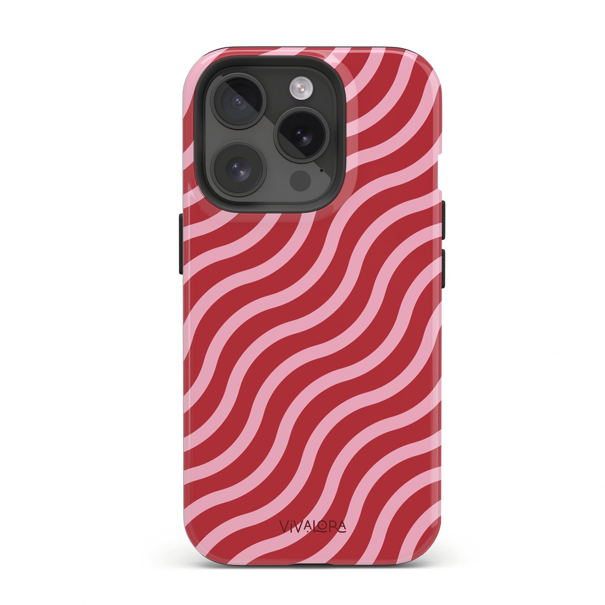 VivaLora Tough Telefoonhoesje iPhone 13 Pro met MagSafe - Wine Flow Print - 2-in-1 Phone Case - Hard Case & Siliconen Back - Extra Bescherming - Shockproof - Golvende strepen - Bordeaux/Roze