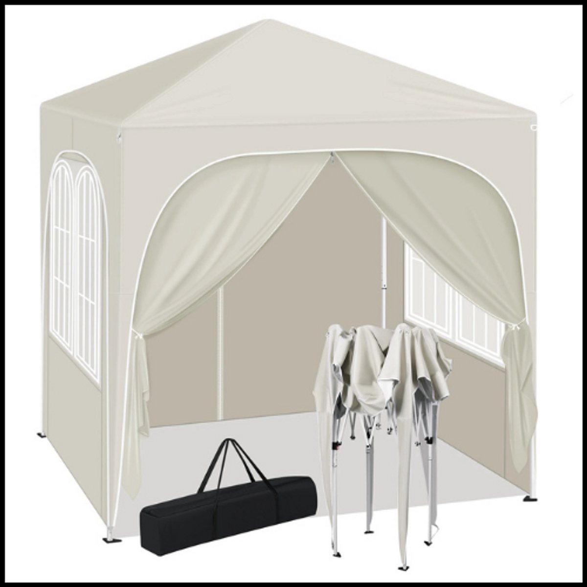 Opvouwbare Tuinpaviljoen Pergola 2x2m – Pop-up Partytent – Verstelbare Hoogte – Waterdicht – UV50+ Bescherming – Inclusief Zijwanden – Opbergtas – Beige – Outdoor Tenthuis – Voor BBQ, Feest, Tuin, Camping, Strand