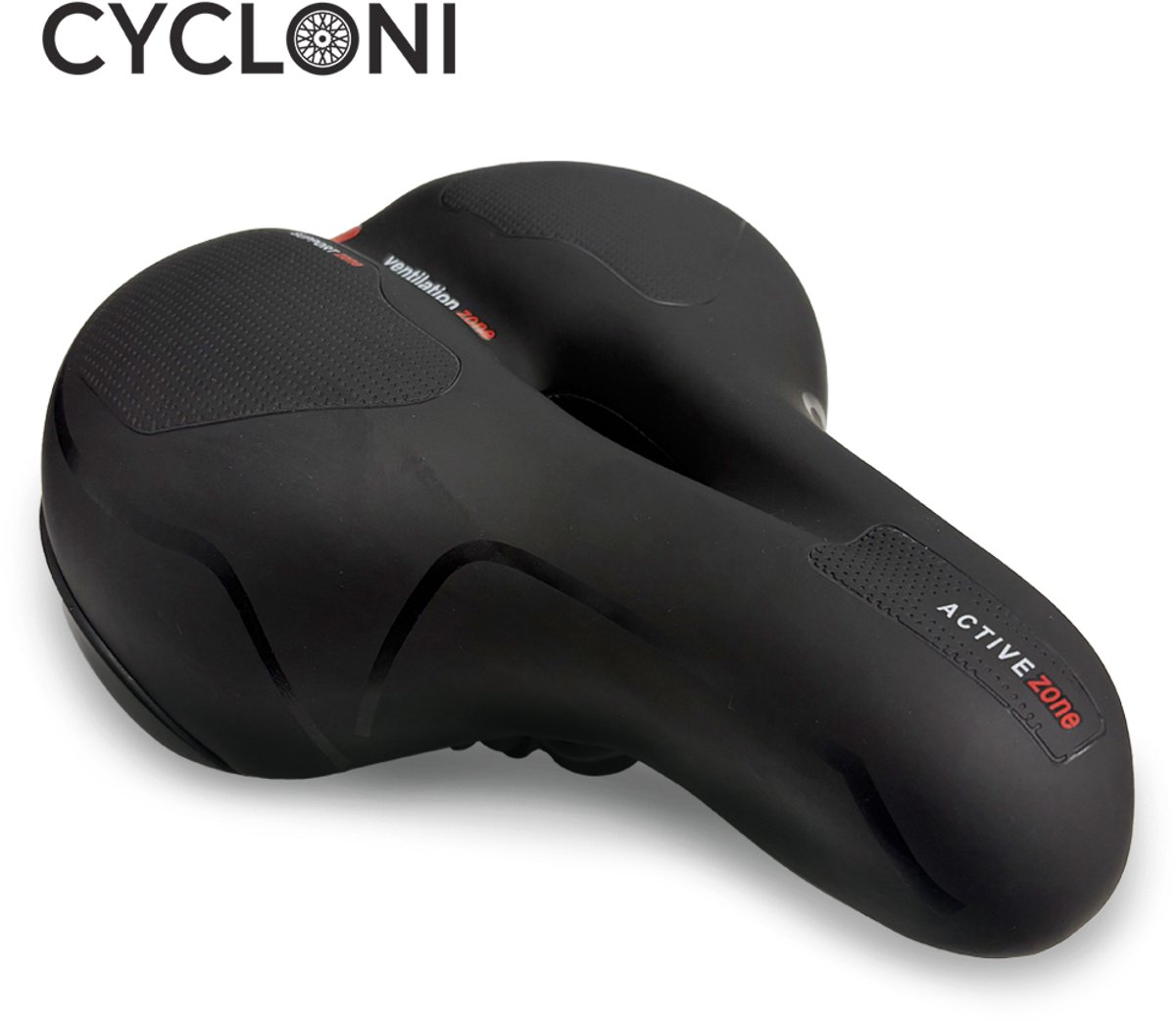 Cycloni - Ergonomisch Fietszadel met Gelpads en Uitsparing – Zwart/Rood – Unisex Comfort Zadel met Geveerde Vering – Ademend, Schok dempend & Waterafstotend – Inclusief Zadelstrop – Geschikt voor Stadsfiets, E-bike