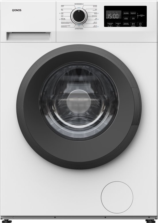 Lave-linge Qonos – 8 kg – 1400 tr/min – Classe énergétique A-10 % – Moteur BLDC – Wit – Silencieux (76 dB) – Avec Aquastop – Fonction vapeur