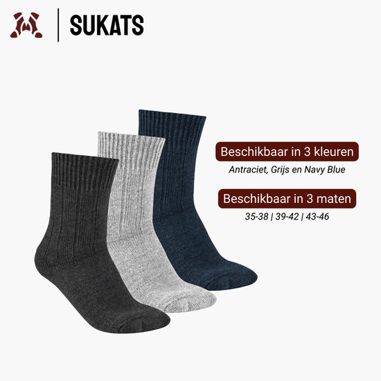 Drie Sukats sokken in antraciet, grijs en navy blue.