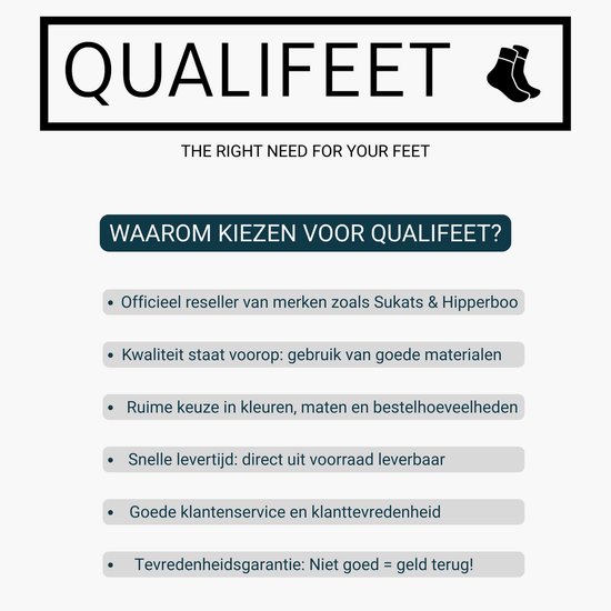 Logo van QUALIFEET met de tekst 'THE RIGHT NEED FOR YOUR FEET' en kenmerken.