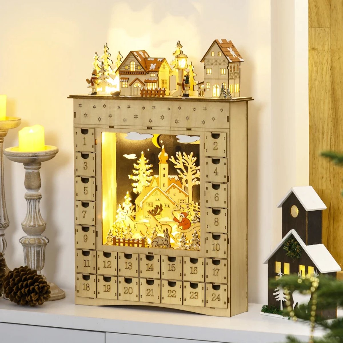 Adventskalender Kerstman - Adventskalenderbox - met 24 Lades te Vullen - Kerstdecoratie - met LED-verlichting - Voor Jongens en Meisjes - Countdown Kalender - Het Perfecte Kerstcadeau - Natuurlijk Hout
